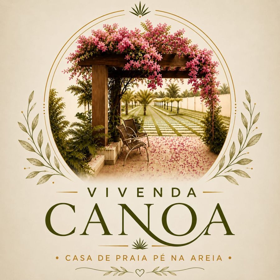 Logo da Vivenda Canoa, casa para temporada na Praia de Guaibim, com pergolado florido de buganvília